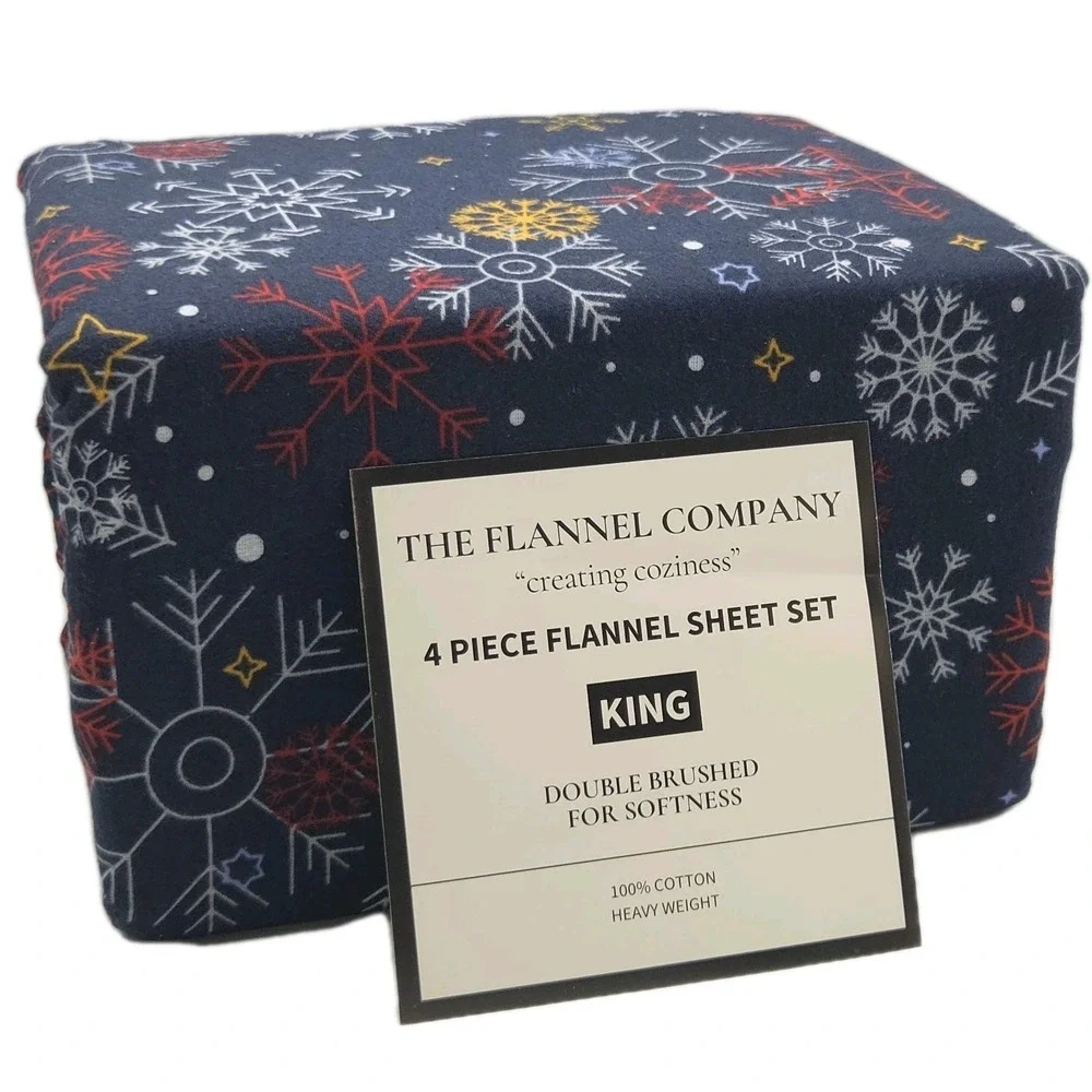 King Size Winter Cozy Cotton Flannel Sheet Set Snowflakes‎ Printed Heavy Weight